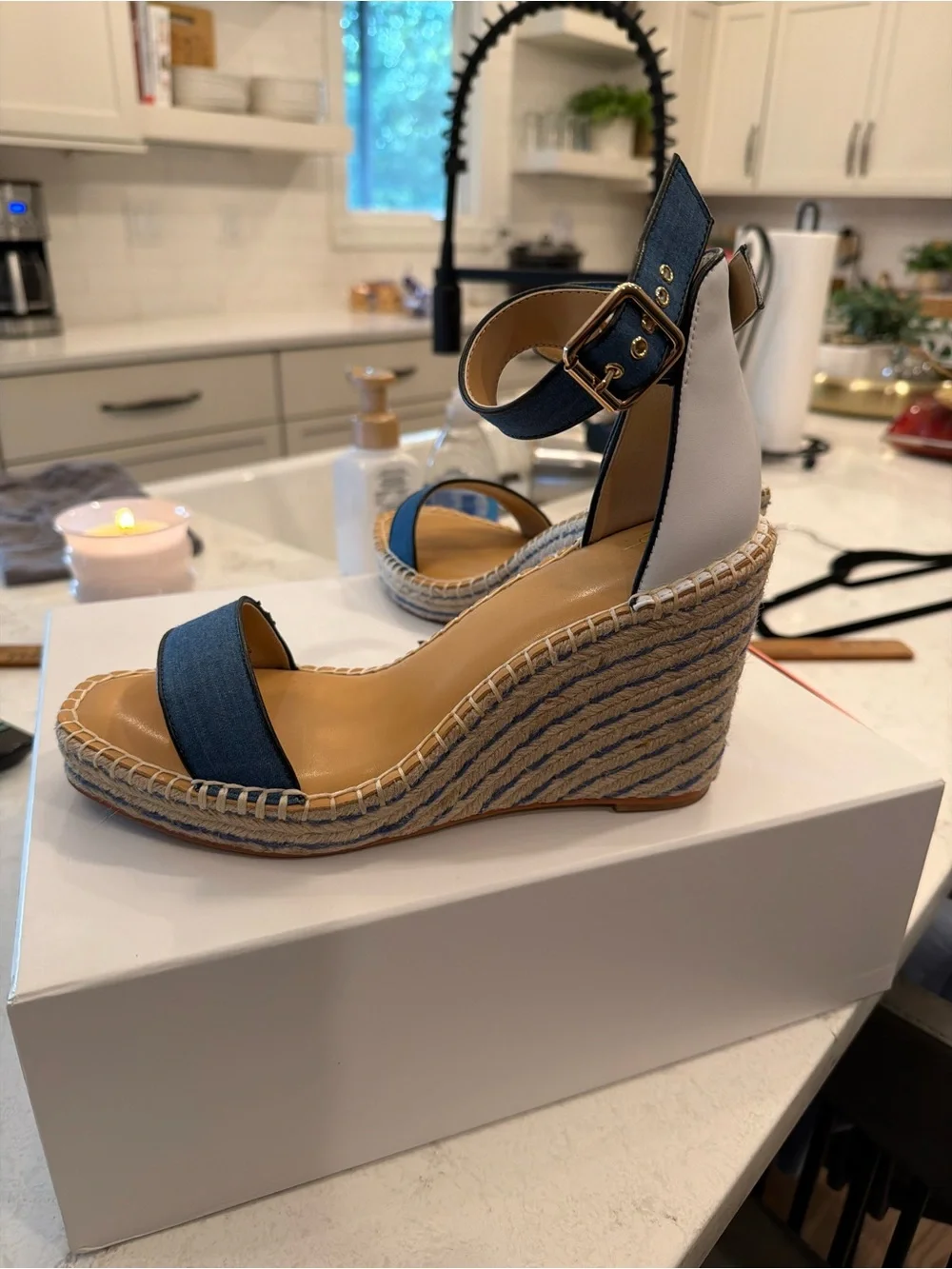 Cabi Blue Denim Espadrille Wedge Sandals with Ankle Strap